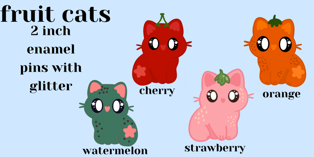 Fruit Cats enamel pin set; hard enamel pins with glitter, inspired by cute fruit-themed cats!