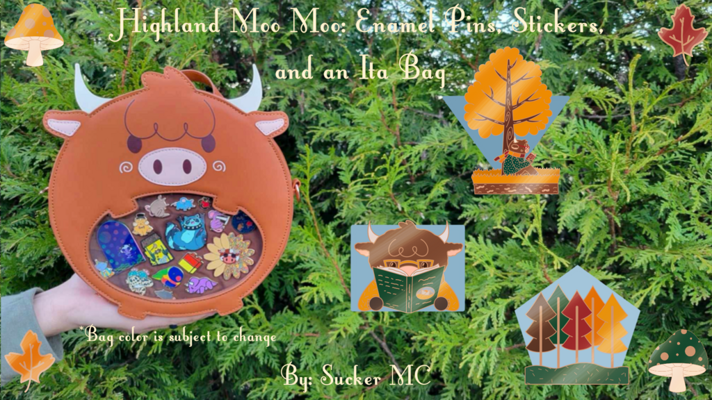 Highland Moo Moo: enamel pins, stickers and Ita bag(s)