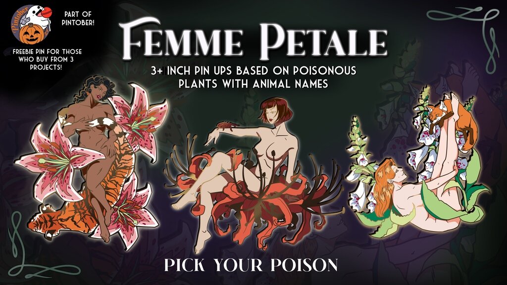 Femme Petale - a collection of enamel pins themed around pin ups, flowers, and scary animals