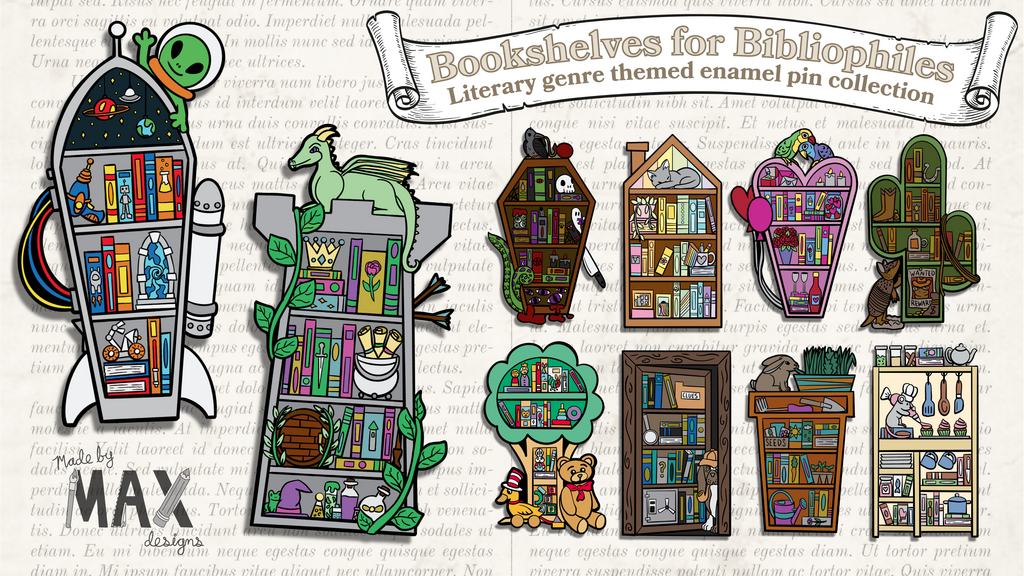 Bookshelves for Bibliophiles - A Literary Genre Themed Enamel Pin Collection