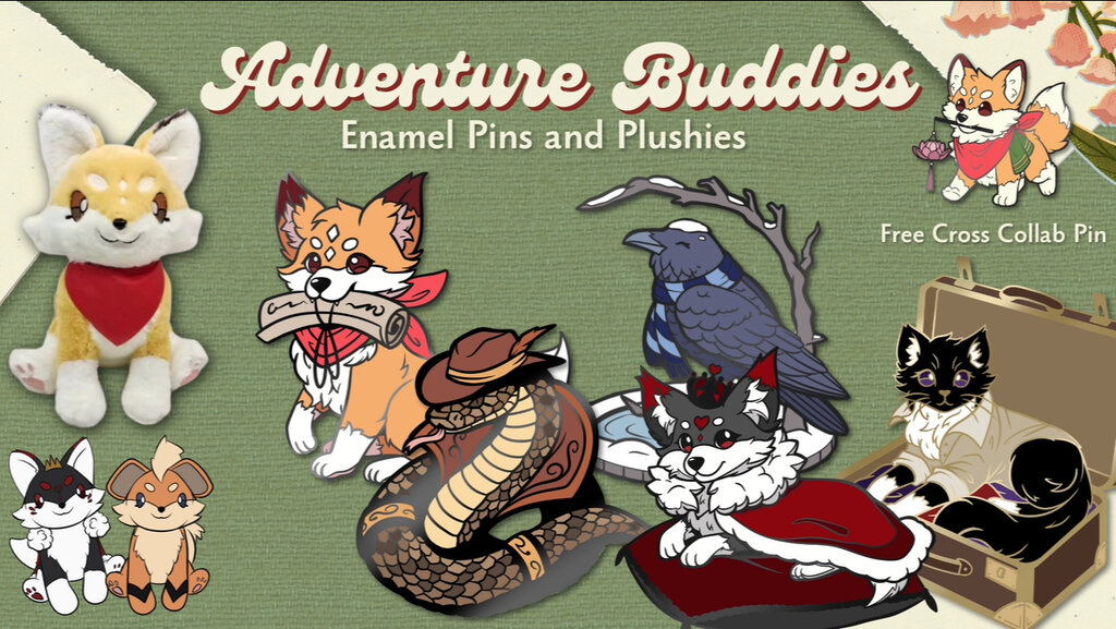 Adventure Buddies: Corgi Kitsune & Friends Pins and Plushies