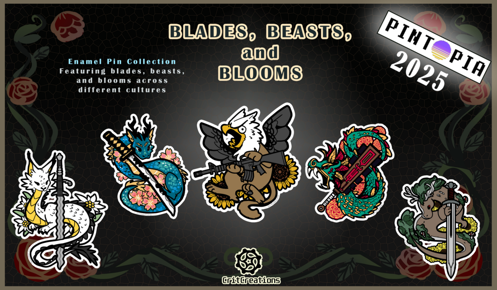 Blades, Beasts and Blooms- A cross-cultural enamel pin collection