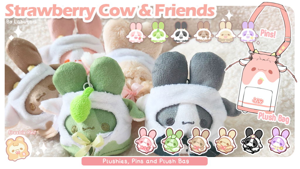 Strawberry Cow & Friends Plush, Pins and Plush Bag!