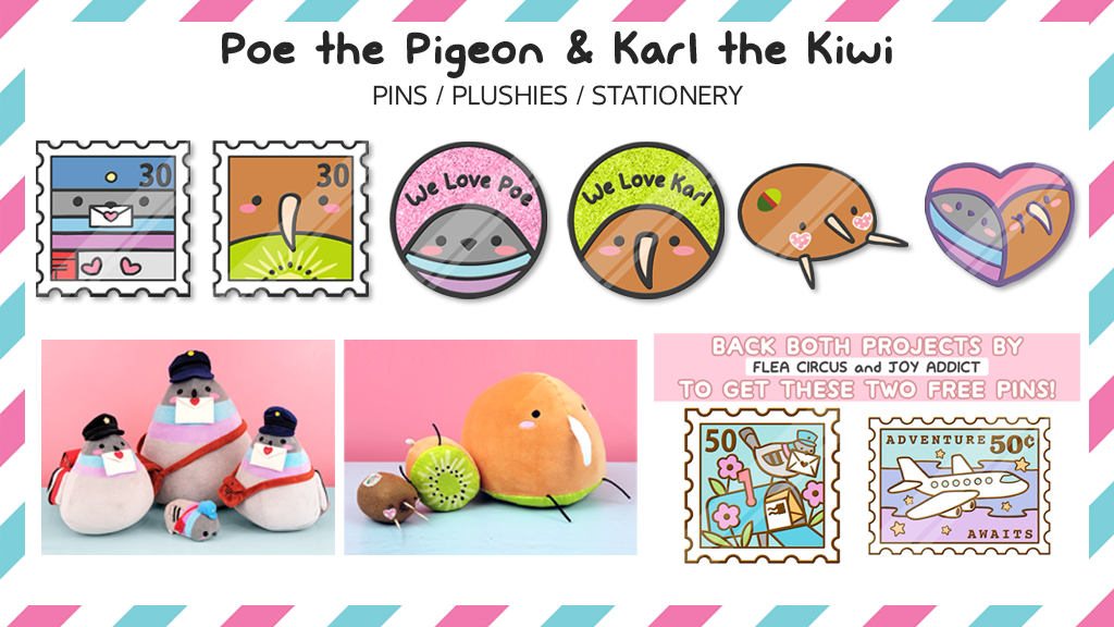 Poe the Pigeon & Karl the Kiwi Pins, Plushies, and Stationery!