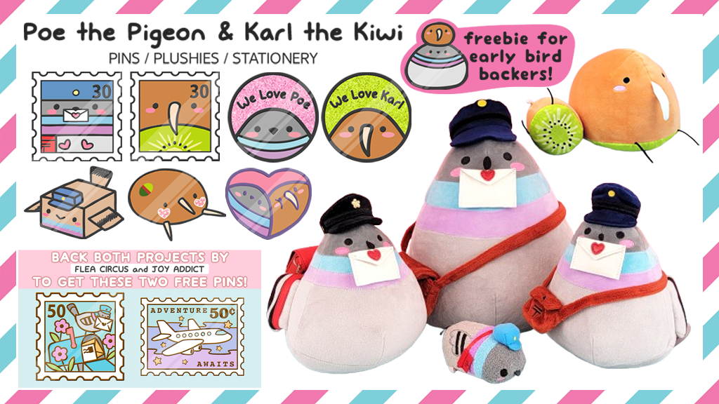 Poe the Pigeon & Karl the Kiwi Pins, Plushies, and Stationery!