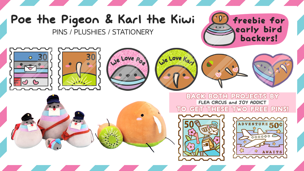 Poe the Pigeon & Karl the Kiwi Pins, Plushies, and Stationery!