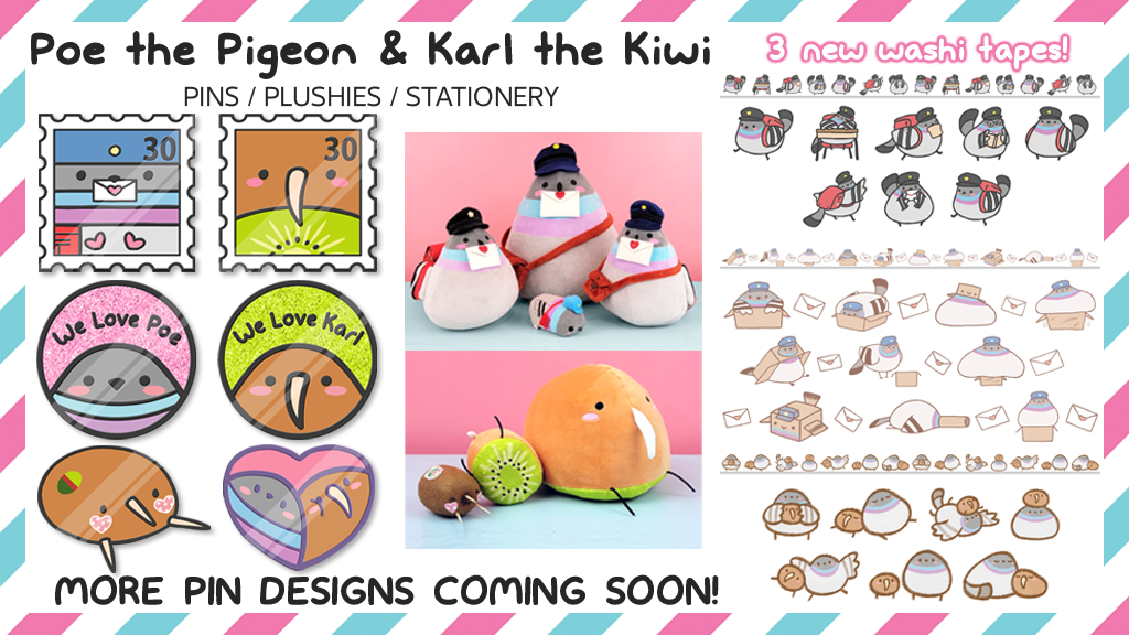 Poe the Pigeon & Karl the Kiwi Pins, Plushies, and Stationery!