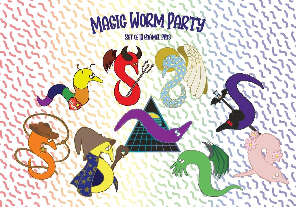 Magic Worm Party! Set of 10 Enamel Pins