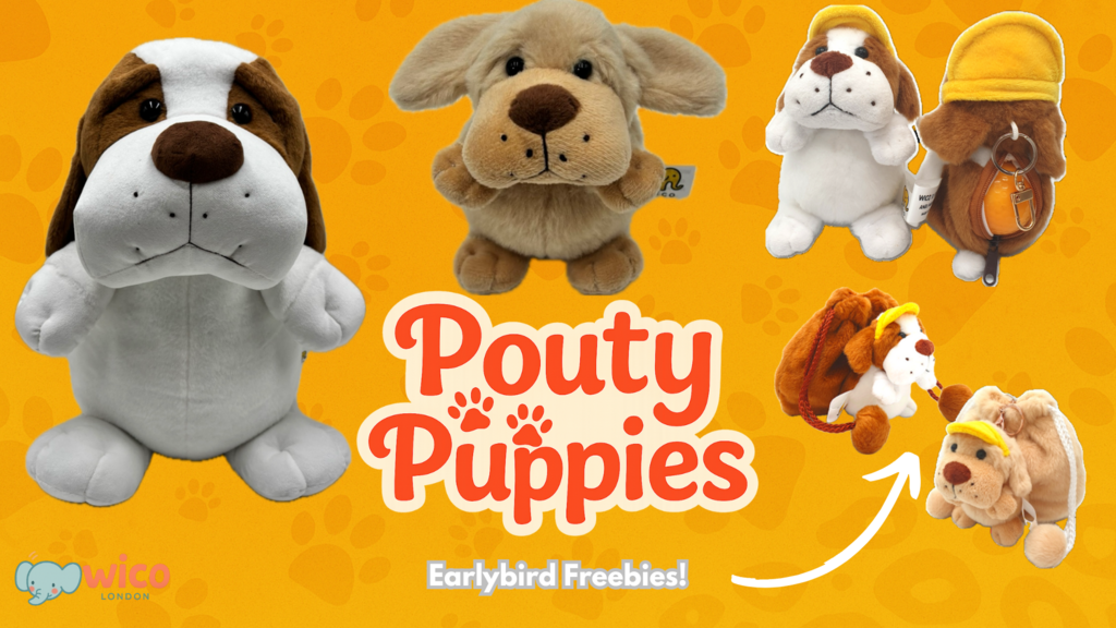 Pouty Puppies: Zipper Bag Keychains and Jumbo Plushies