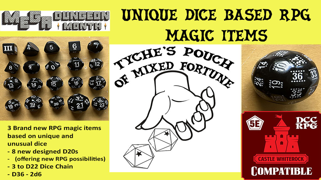 Tyche's Pouch - 8 Unique D20s + Whiterock Gnome Magic