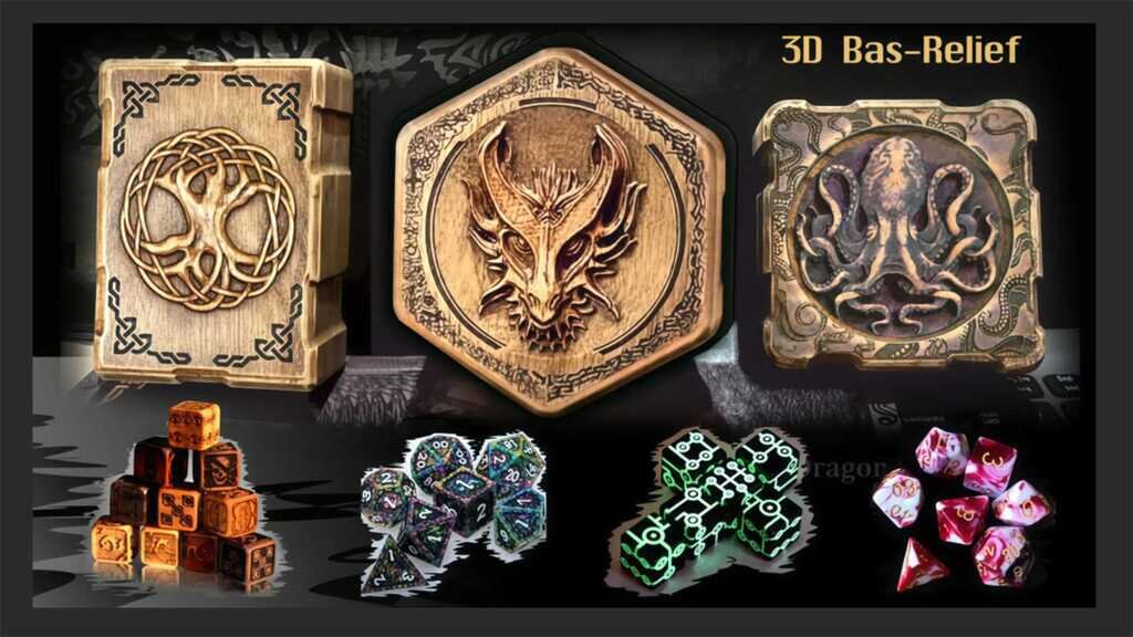 Luxury Dragon Set: Exotic wood Dice D6 in 3D Bas-Relief Box