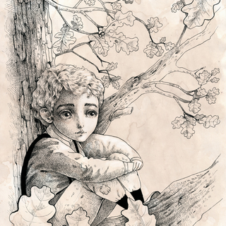 Print of Ink Boy in Tree Illustration