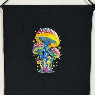 Bright Magic Mushrooms on black pin banner