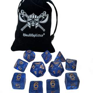 StarSplitter™️ - Blue and Translucent with Glitter and Gold Numbers - Limited Edition Set of 11 Polyhedral Role Playing Game Dice