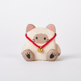 Nini Carved Wooden Square-Faced Sitting Cat with Lucky Bell