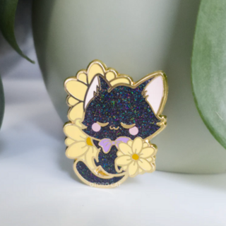 Glitter Black Cat Sunflower Enamel Pin
