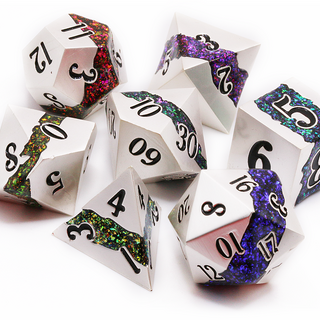 Crucible Dice Set (Brushed Silver And Multi) | Metal TTRPG Dice