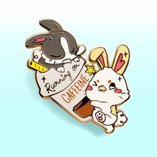 Enamel Pin Running on Caffeine Bunnies