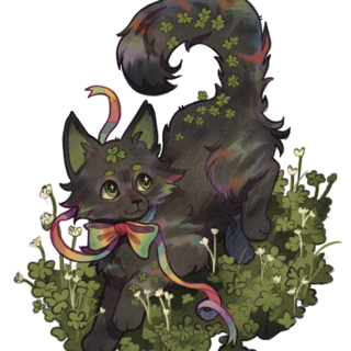 Iris the lucky black cat playing in clover field