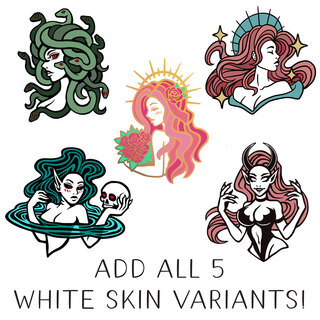 All 5 Femme Fatale white skin variant pins