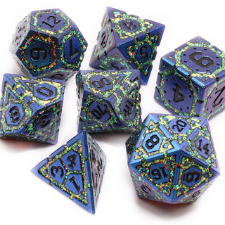 Mythic Armor Dice Set (Color Shift And Bright Green) | Metal TTRPG Dice