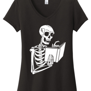 Ladies Reading Skeleton V-Neck T-shirt