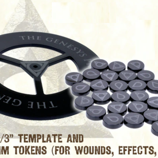 One 5"/3" Template and 30 12mm Tokens (for Wounds, effects, etc)