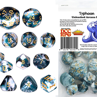 Typhoon DCC 14 dice set plus DCC/5E magic item PDF for the Typhonic Horn