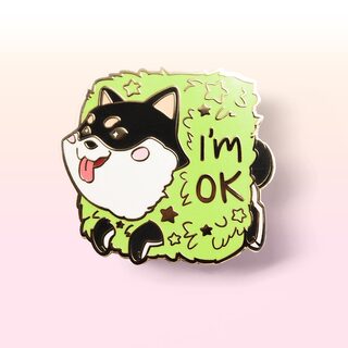 Enamel Pin Black & Tan Shiba Inu Stuck in Bush "I'm OK"