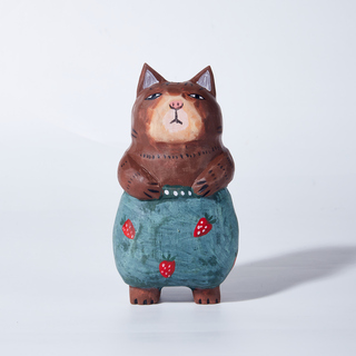 Toto Carved Wooden Cat in Strawberry Pants