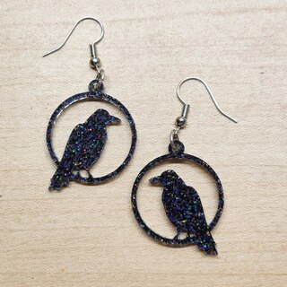 Dark Holographic Raven Earrings