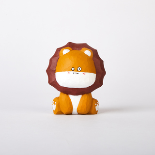 Lalo Carved Wooden Nervous Lion with a Fluffy Mane