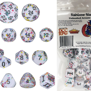 Rainbow Blast DCC 14 dice set plus DCC/5E magic item PDF for Vaiva's Varicolorred Staff