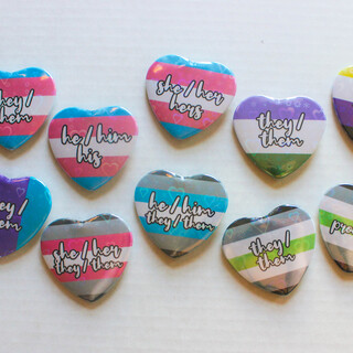 Gender Identity Pronoun Buttons - Holographic Heart Shaped Buttons