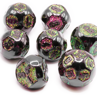 Rounded Dice Set (Black Nickel And Green/Purple) | Metal TTRPG Dice