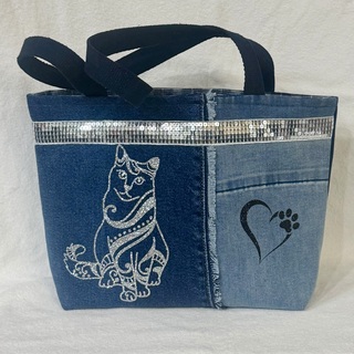 Denim and Bling Cat tote bag