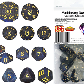 Maddening Darkness DCC 14 dice set plus DCC/5E magic item PDF for Gloomntia Darts