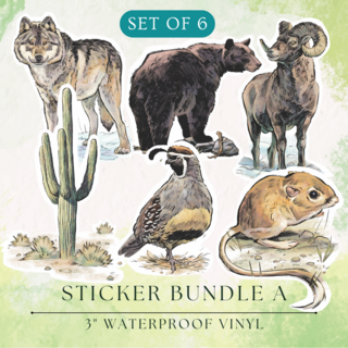 Sticker Set | A - Wolf, Brown Bear, Bighorn, Saguaro, Quail, Kangaroo Rat