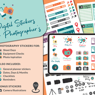 Photographer’s Digital Planner Sticker Pack. Individual PNG files and sticker sheets included.