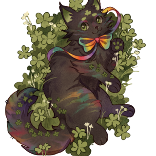 Iris the lucky black cat laying in clover field