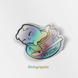 Holographic Vinyl Stickers I Love Catpuccino Coffee Cat