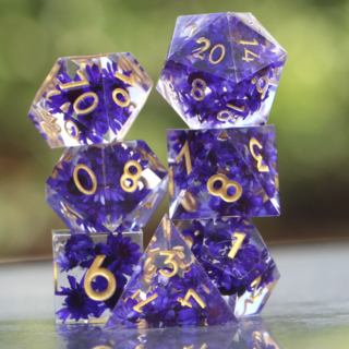 Jane Austen inspired sharp-edged dice set with purple flowers