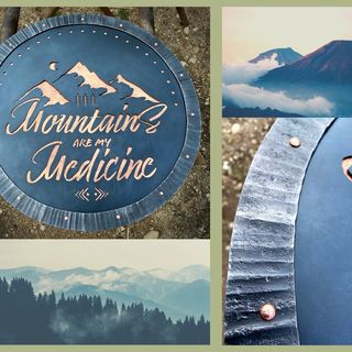 Copper and Steel 24" Diameter Wall Piece: Mountains are my Medicine Logo