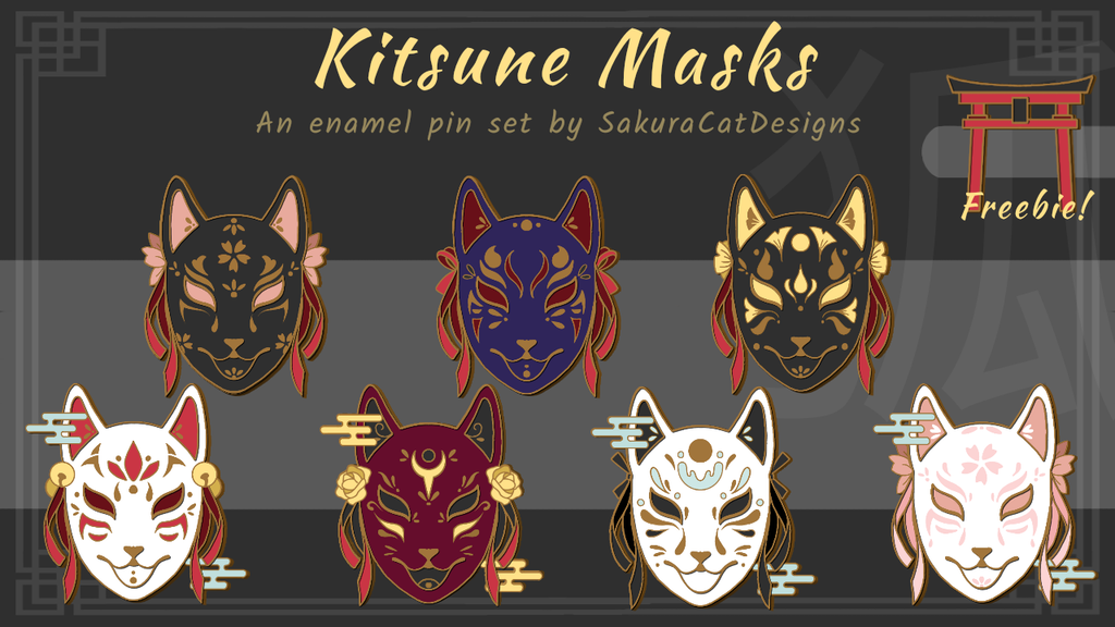 Kitsune Mask Enamel Pin Set