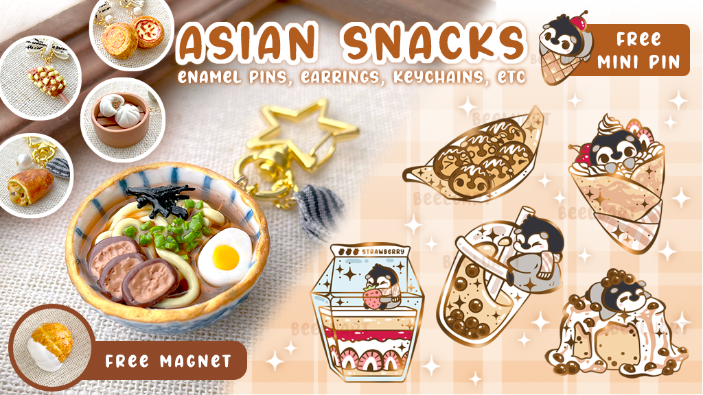 Asian Snacks: Enamel Pin, Earring, and Keychain Collection