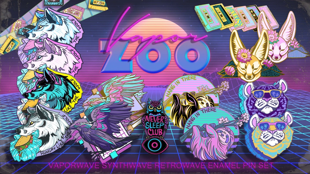 VaporZoo! A Vaporwave, Synthwave animal enamel pin set