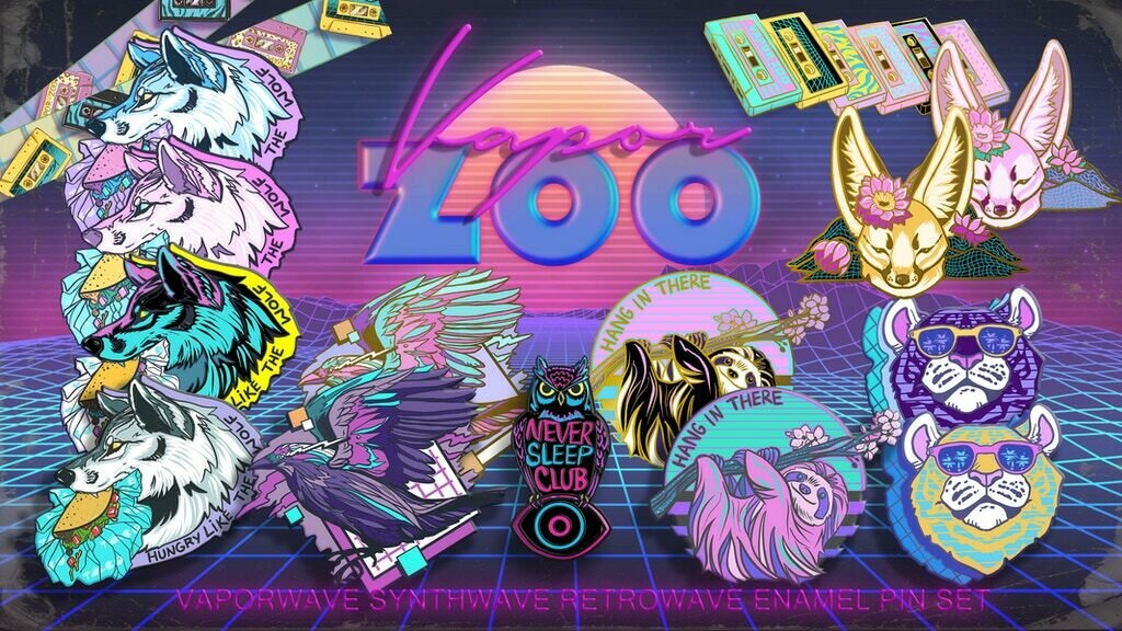 VaporZoo! A Vaporwave, Synthwave animal enamel pin set
