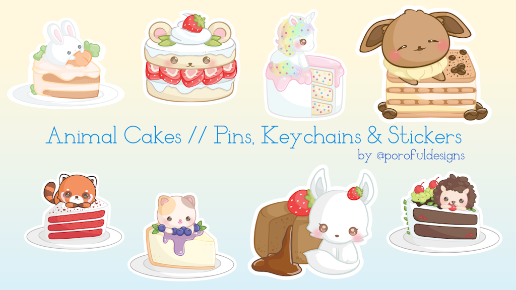 Original Kawaii Animal Cake Dessert Pins & Stickers