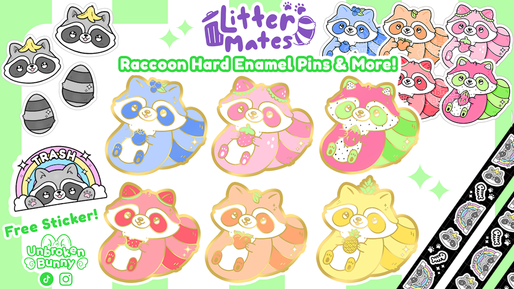 Litter Mates Raccoon Hard Enamel Pins, Stickers & More!