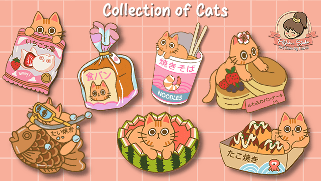 Enamel pins, little ginger cat, flavors of Japan